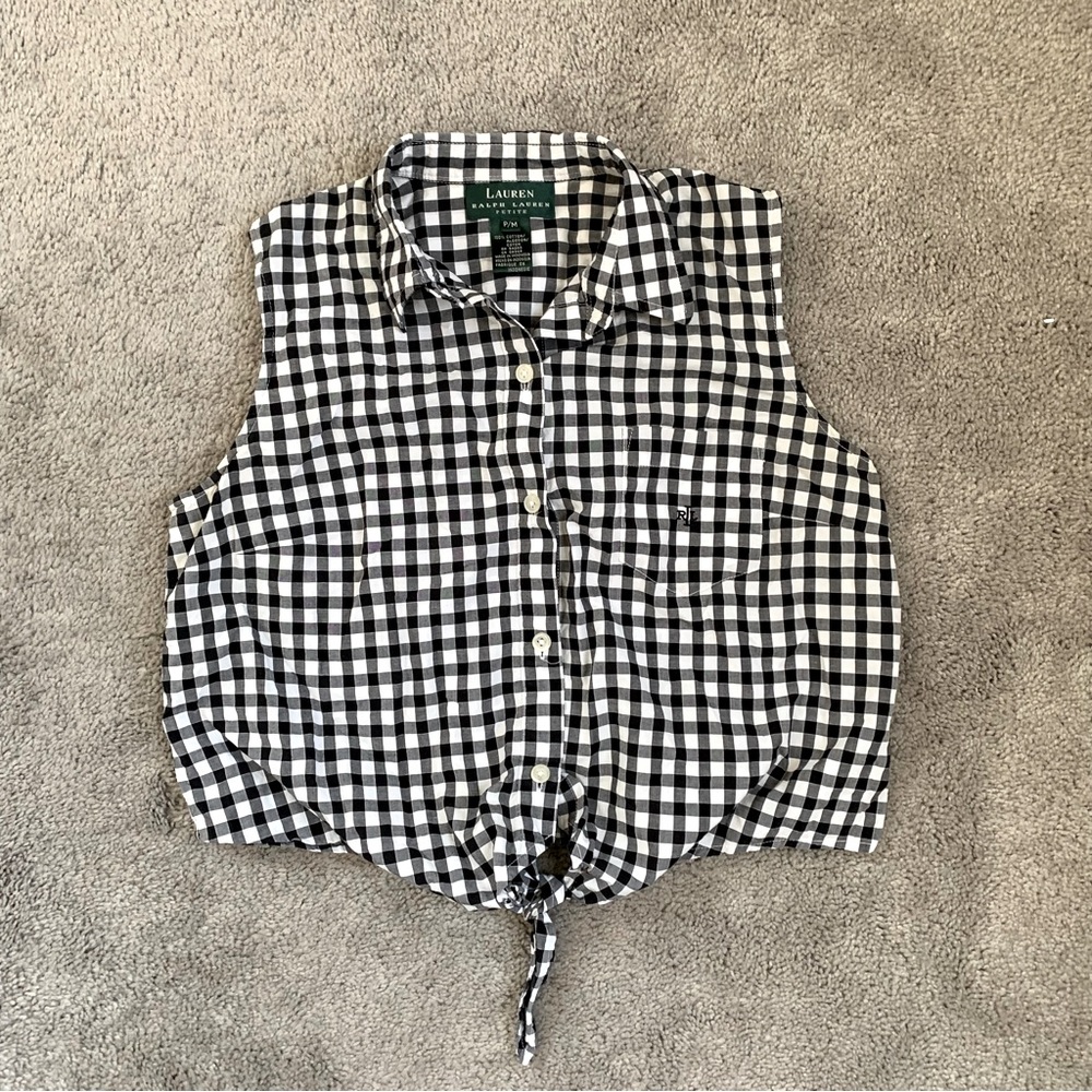LRL VINTAGE 90S GINGHAM SEMI CROPPED BUTTON UP TANK TIE FRONT